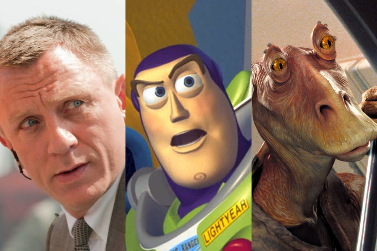 Daniel Craig in ‘Skyfall’, Buzz Lightyear (Tim Allen) in ‘Toy Story 2’, and Jar-Jar Binks (Ahmed Best) in ‘Star Wars' (MGM/Disney/Lucasfilm)