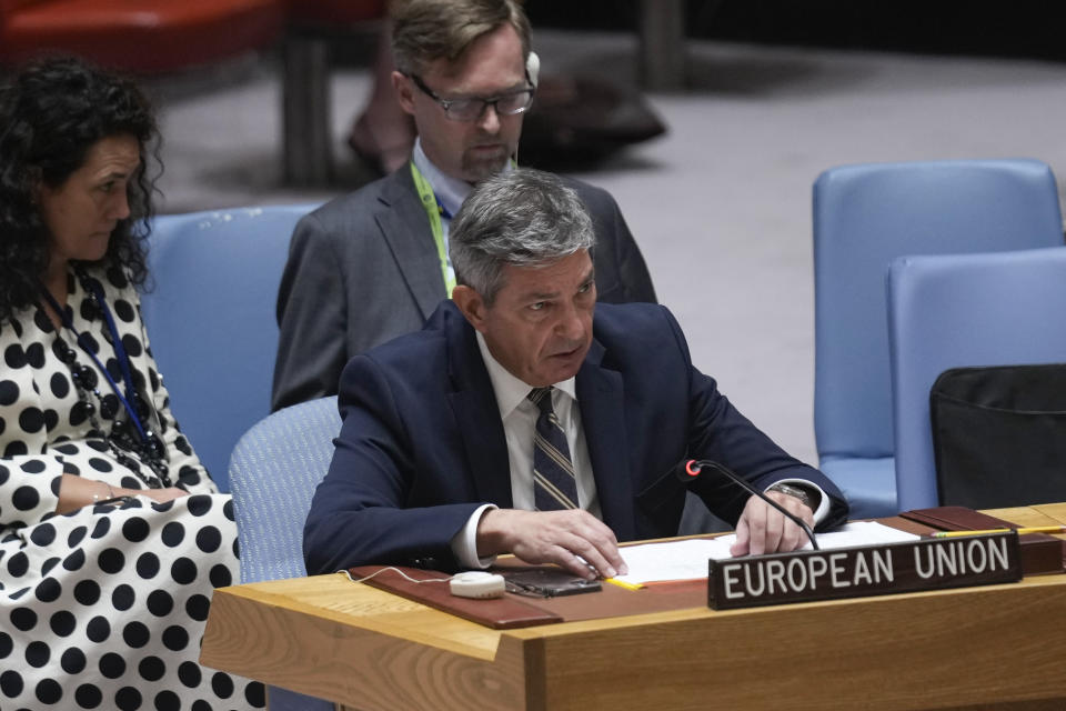 The European Union's ambassador to the United Nations Stavros Lambrinidis speaks during a Security Council meeting at United Nations headquarters, Friday, June 28, 2024. (AP Photo/Seth Wenig)