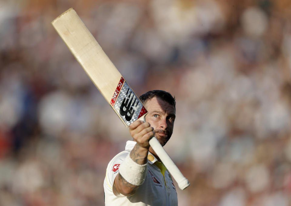 LONDON, ENGLAND - SEPTEMBER 15: Matthew Wade of Australia raises his bat as he leaves the ground after being dismissed for 117 runs during day four of the 5th Specsavers Ashes Test between England and Australia at The Kia Oval on September 15, 2019 in London, England. (Photo by Ryan Pierse/Getty Images)