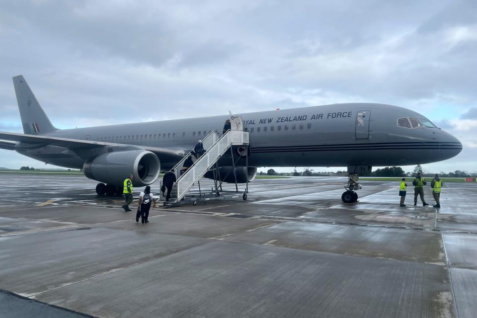 A New Zealand Air Force plane sits on the tarmac at Auckland Airport on May 21, 2023, preparing to take New Zealand Prime Minister Chris Hipkins to Papua New Guinea. Hipkins is on Monday, June 26, 2023, traveling through China on an Air Force plane that is nearly 30 years old and subject to frequent break downs.