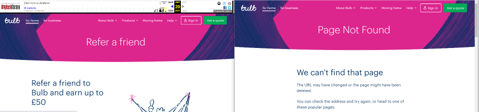Bulb’s ‘refer a friend’ site was live on Monday, left, but has since been removed, right (Screenshot from Internet Archive)