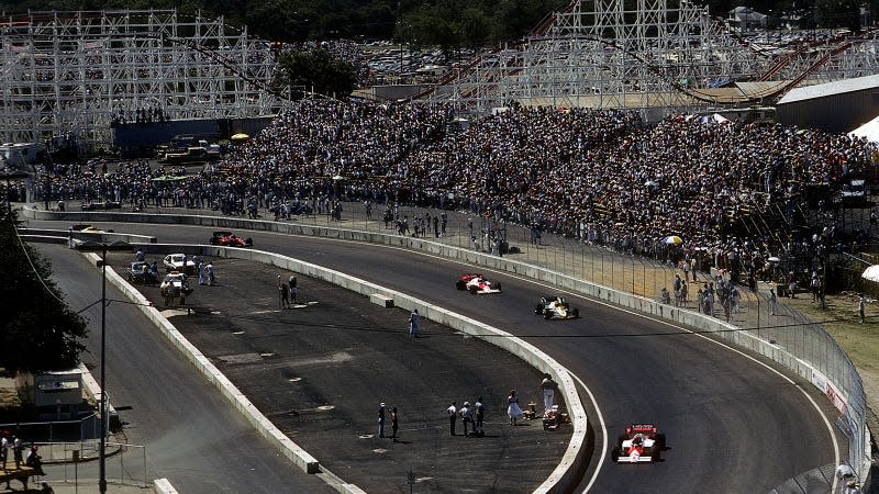 A photo of F1 cars racing at the Dallas Fair Park, Texas. 