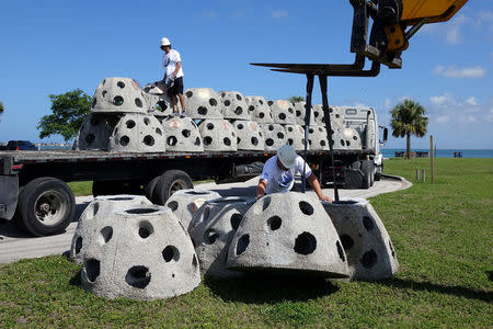 Workers unload some of the 66 Eternal Reef balls with plaques representing each of the submarines and crewmembers lost at sea since 1900, which will be deployed to the ocean floor for the undersea memorial during a ceremony this Memorial Day weekend, off the coast of Sarasota, Florida U.S., May 23, 2018. Brian Dombrowski/EternalReefs.com/Handout via REUTERS/Files
