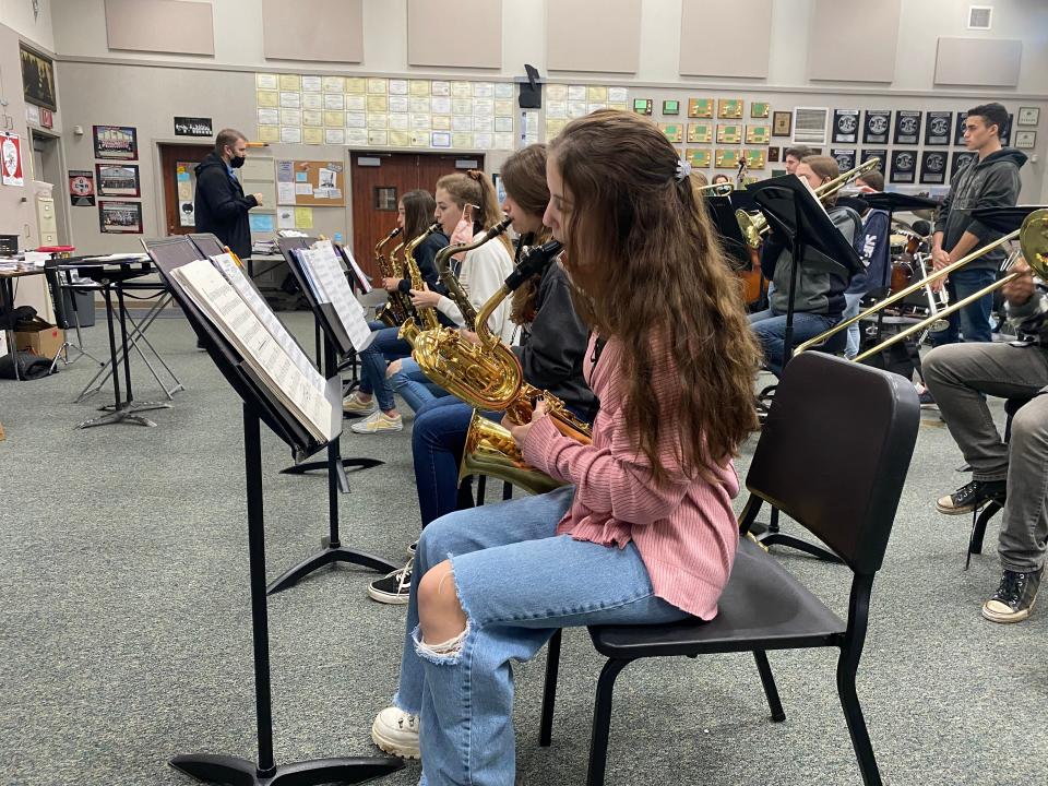 Members of the Foothill High School jazz band practice for Club Cougar on Monday.