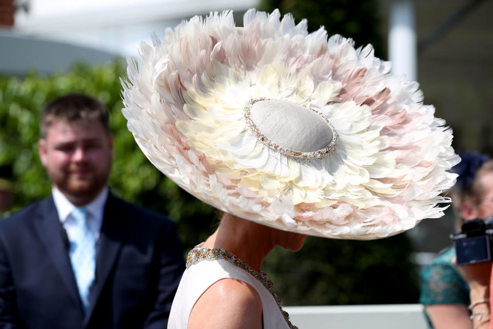 <p>A female racegoer’s hat during day two of Royal Ascot at Ascot Racecourse. (Jonathan Brady/PA Images via Getty Images) </p>