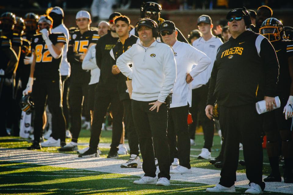 Missouri head coach Eli Drinkwitz looks on during a field goal attempt on Nov. 25, 2022, during a game against Arkansas in Columbia, Mo.