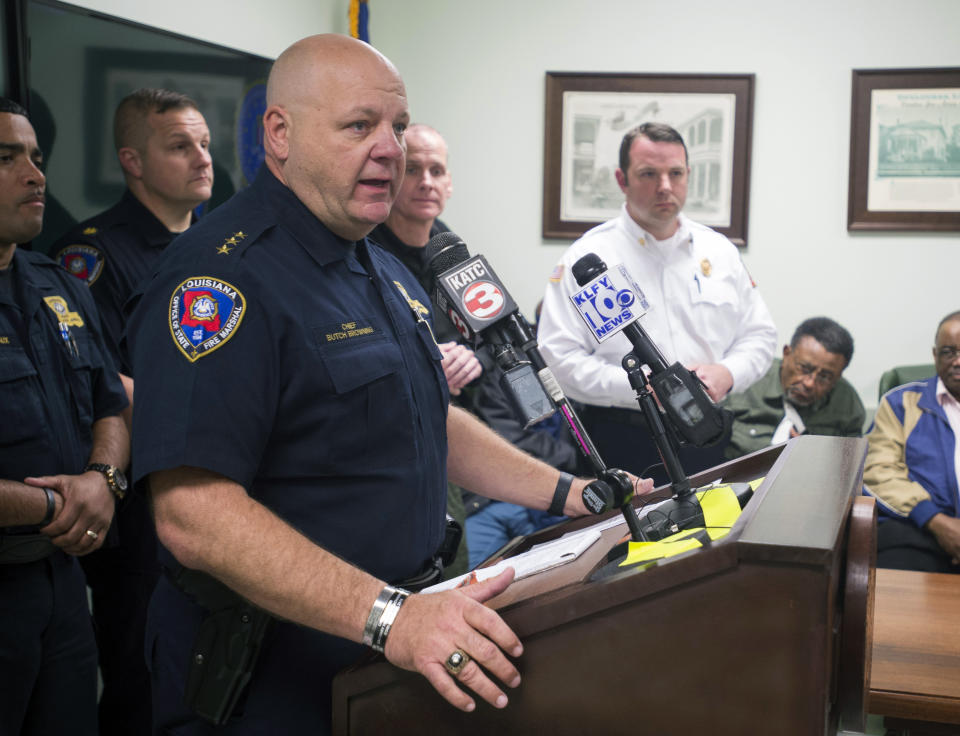 Louisiana State Fire Marshal H. "Butch" Browning speaks during a press conference addressing three recent church fires in the parish Thursday, April 4, 2019, at the St. Landry Parish Training Center in Opelousas, La. Authorities in southern Louisiana are investigating a string of "suspicious" fires at three African American churches in recent days. Fire Marshal H. "Butch" Browning said it wasn't clear whether the fires in St. Landry Parish are connected and he declined to get into specifics of what the investigation had yielded so far but described the blazes as "suspicious." (Leslie Westbrook/The Advocate via AP)