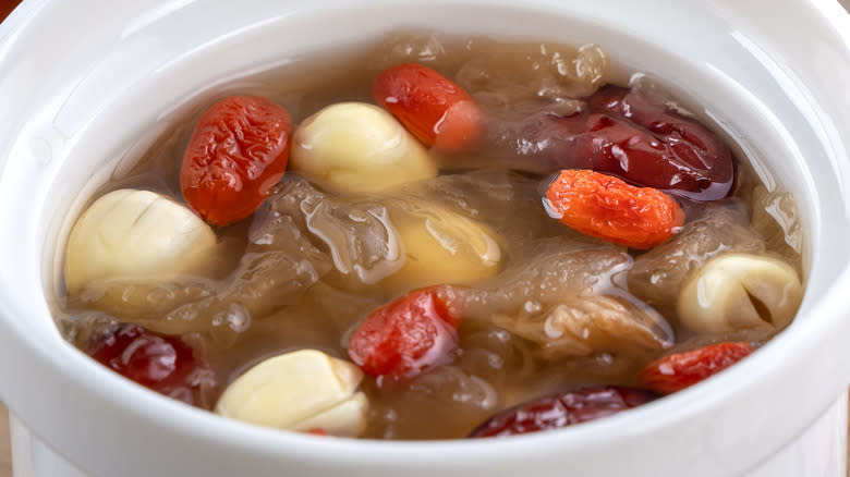 close-up of pot with snow fungus soup