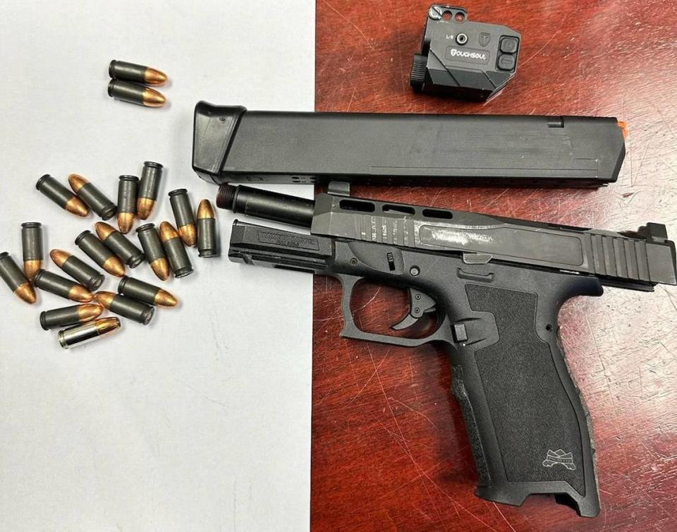 Huntersville Police found a loaded, stolen gun in a North Mecklenburg High student’s backpack following a fight between two students on Tuesday, Feb. 6, 2024. Charlotte-Mecklenburg Schools is investigating why body scanners didn’t detect it. Courtesy of Huntersville Police Department