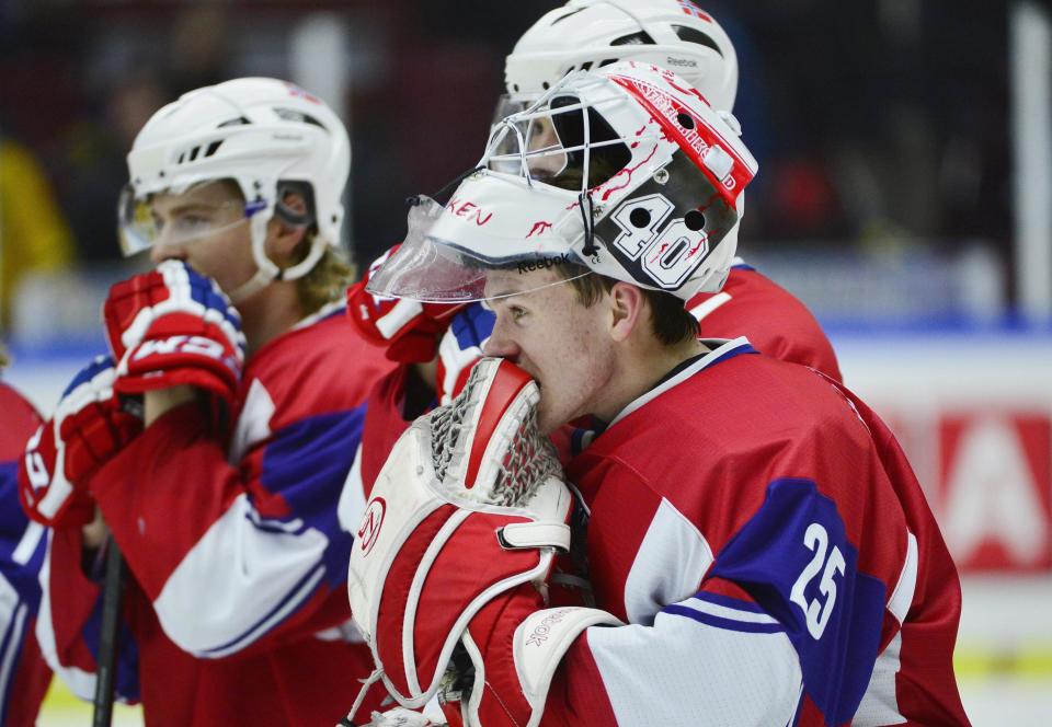 Norway reacts during IIHF game against Sweden, in Malmo