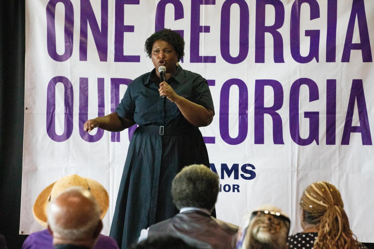 Democratic gubernatorial candidate Stacey Abrams speaks to a small audience at the James Brown Arena on Saturday, Sept. 10, 2022.