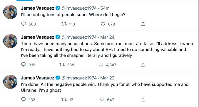 Tweets from James Vasquez in March saying "I'm a ghost" and promising he will be "outing tons of people soon."