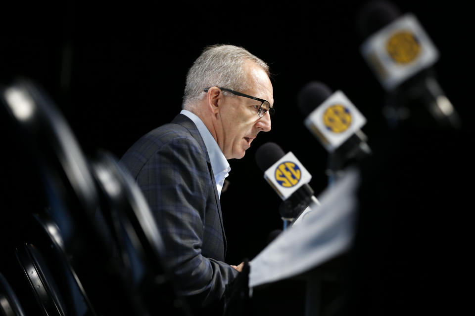 FILE - Greg Sankey, commissioner of the Southeastern Conference speaks during a news conference on March 12, 2020, in Nashville, Tenn. Over the past two years Sankey has helped the conference land a new additional $350 million television rights deal with ESPN and guided it through the uncertainty of the pandemic. (AP Photo/Mark Humphrey, File)