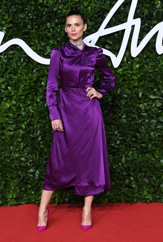 Hayley Atwell attends the Fashion Awards at Royal Albert Hall in London on December 2, 2019. The actor turns 42 on April 5. File Photo by Rune Hellestad/UPI