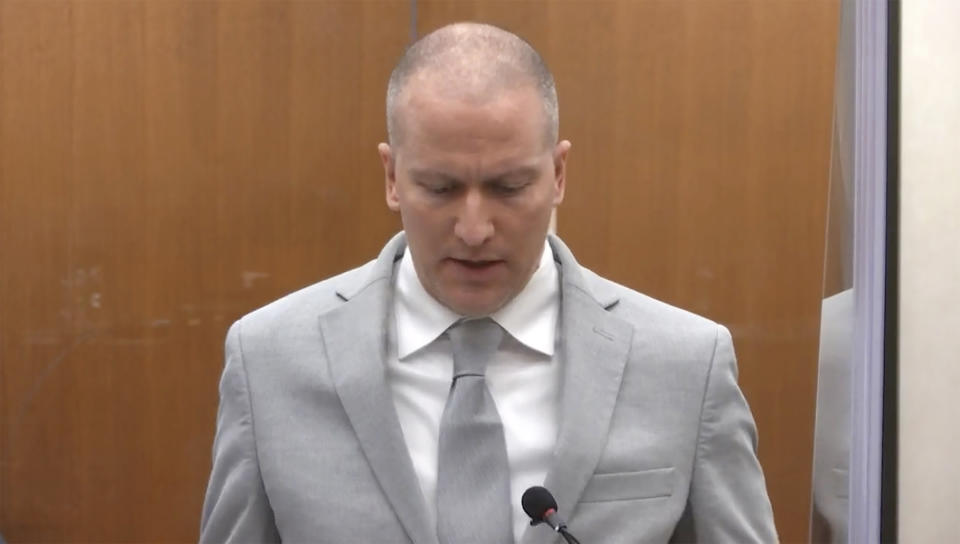In this image taken from video, former Minneapolis police Officer Derek Chauvin addresses the court as Hennepin County Judge Peter Cahill presides over Chauvin's sentencing, Friday, June 25, 2021, at the Hennepin County Courthouse in Minneapolis. Chauvin faces decades in prison for the May 2020 death of George Floyd. (Court TV via AP, Pool)