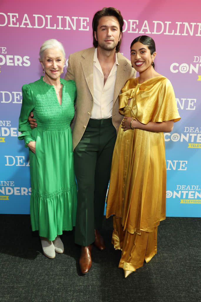 los angeles, california april 16 l r helen mirren, brandon sklenar and aminah nieves attend the deadline contenders television event at directors guild of america on april 16, 2023 in los angeles, california photo by randy shropshiredeadline via getty images