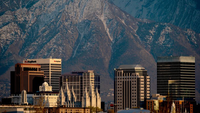 Salt Lake City is pictured at sunset on April 17, 2020.