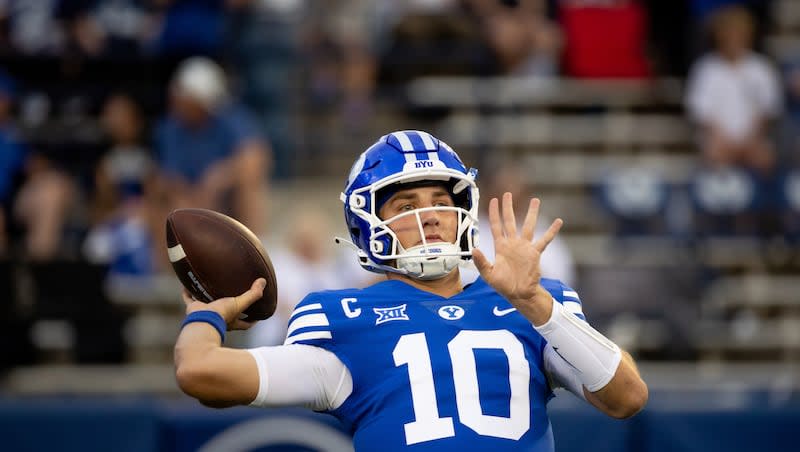BYU Cougars quarterback Kedon Slovis (10) warms up before the game against the Sam Houston State Bearkats at LaVell Edwards Stadium in Provo on Saturday, Sept. 2, 2023.