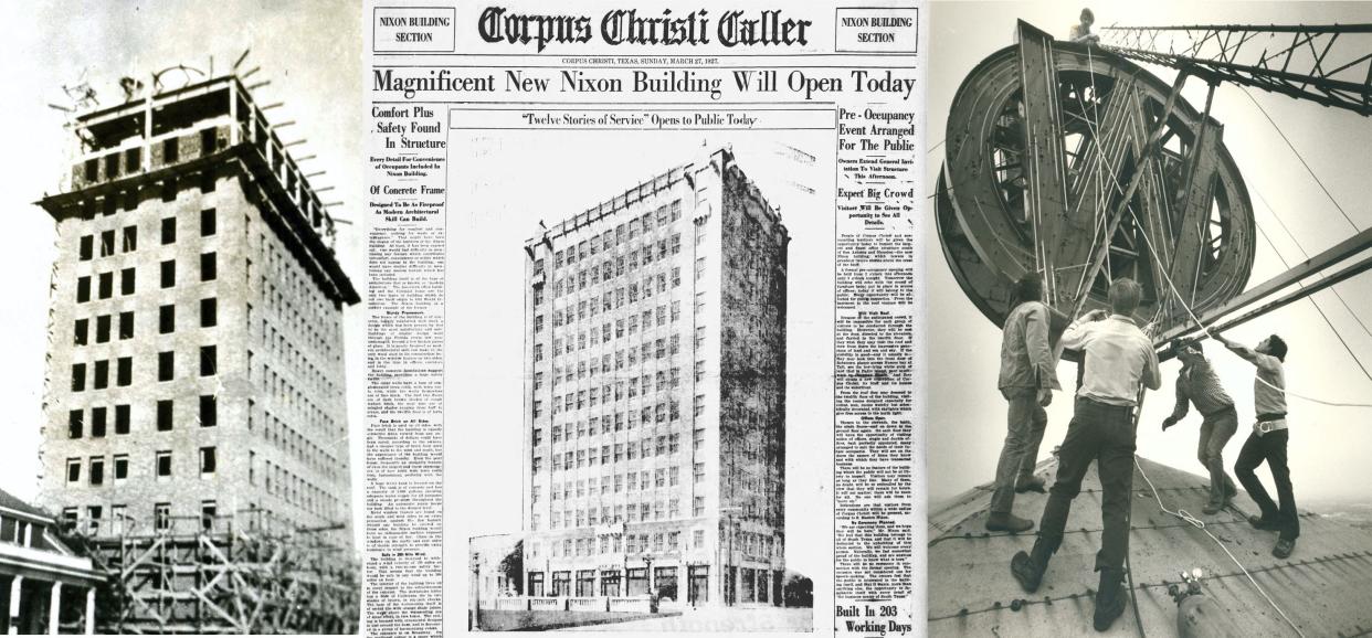LEFT: The Nixon Building under construction in uptown Corpus Christi. The building opened March 27, 1927. CENTER: The Corpus Christi Caller released a special section on the city's first skyscraper on March 27, 1927. RIGHT: Workers remove the neon W sign from the top of the Wilson Tower in 1980. Sam E. Wilson purchased the Nixon Building in 1947 and changed the name to Wilson Building and added 21-story Wilson Tower after.
