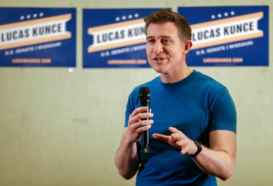 Lucas Kunce, a Democratic candidate for U.S. Senate, speaks during a town hall at the Greene County Democrat Days held at the Doubletree by Hilton on Saturday, April 9, 2022.