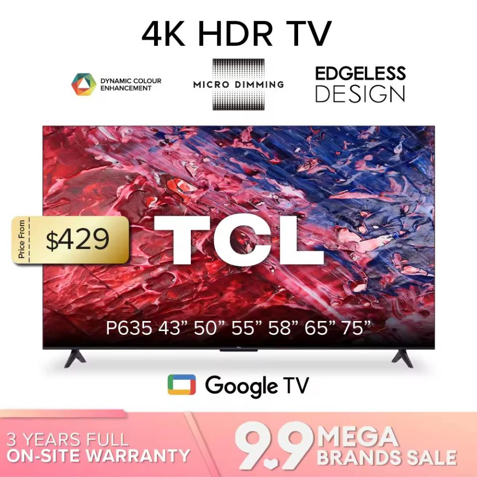 TCL 4K TV P635 Google TV Android TV | 43 50 55 58 65 75 inch | Dolby Audio | HDR 10 | HDMI 2.1 | Edgeless Design | Dolby Audio | Voice Control. (Photo: Lazada SG)