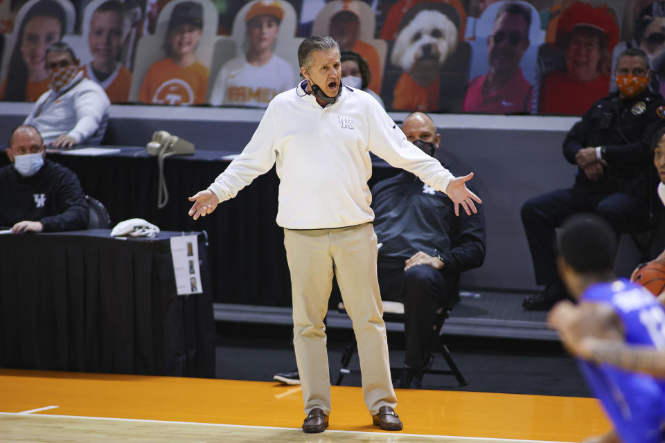 Kentucky head coach John Calipari reacts on the sideline during an NCAA college basketball game against Tennessee, Saturday, Feb. 20, 2021, in Knoxville, Tenn. (Randy Sartin/Pool Photo via AP)