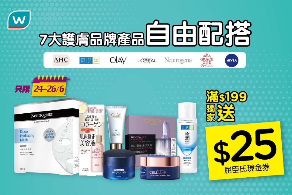 【屈臣氏】7大護膚品牌產品買滿$199 送$25現金券（24/06-26/06）