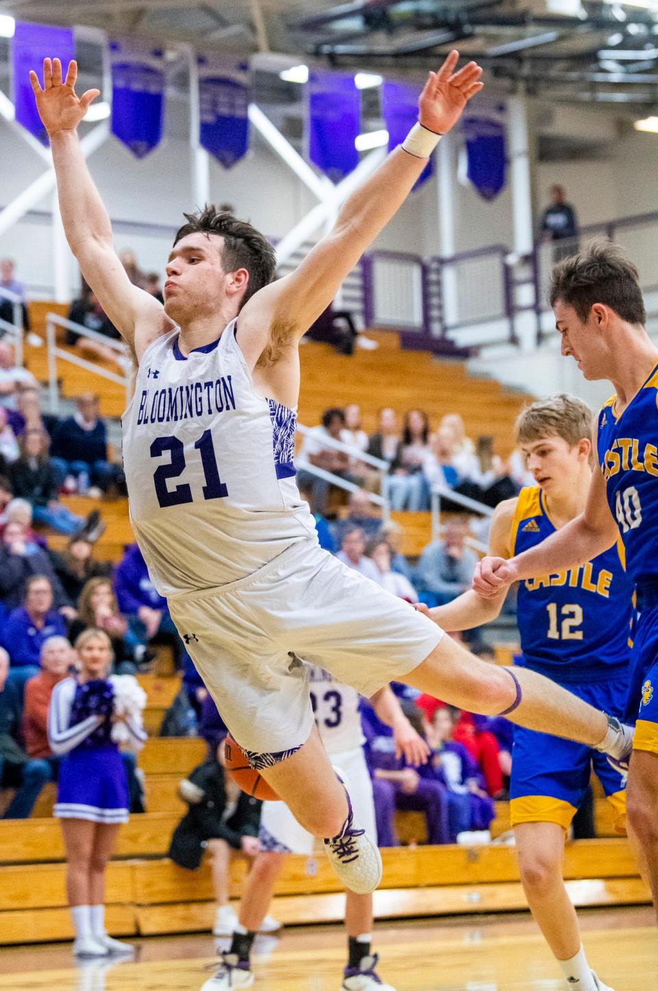 South's Zach Sims (21) soars after being fouled during the Bloomington South versus Castle boys basketball game at Bloomington High School South on Friday, Jan. 20, 2023.