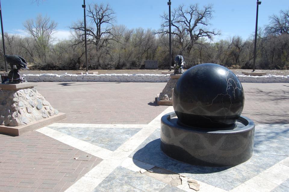 This water feature in All Veterans Memorial Plaza in Farmington would be especially vulnerable to damage from the rising waters of the Animas River, Farmington Fire Chief Robert Sterrett says.