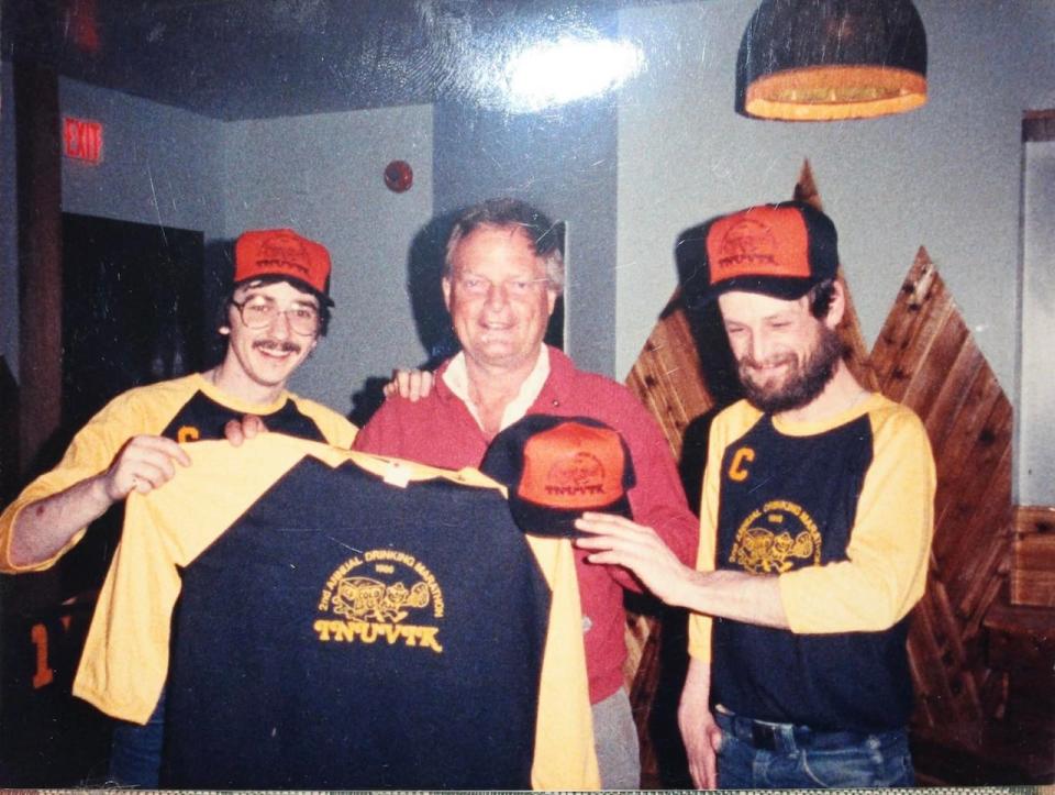 A young Derek Lindsay, right, with a shirt bearing the name of the town he would call home.