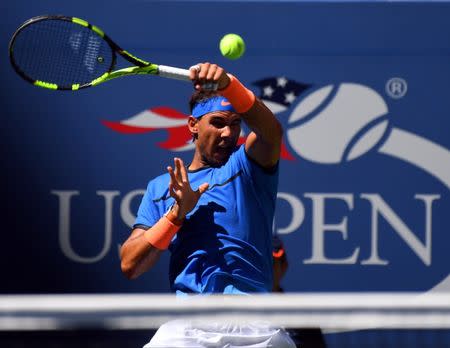 Aug 29, 2016; New York, NY, USA; Rafael Nadal of Spain hits to Denis Istomin of Uzbekistan on day one of the 2016 U.S. Open tennis tournament at USTA Billie Jean King National Tennis Center. Robert Deutsch-USA TODAY Sports