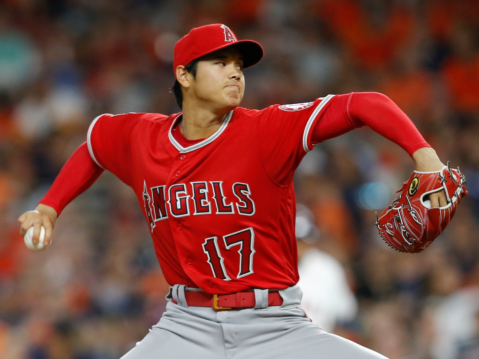 Shohei Ohtani pitching for the Los Angeles Angels in Major League Baseball.