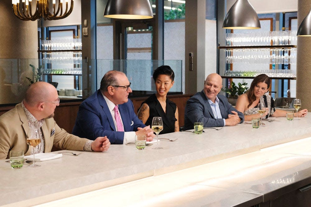 Lupi & Iris chef-owner Adam Siegel, from left, restaurateur Paul Bartolotta, host Kristen Kish, and judges Tom Colicchio and Gail Simmons watch as the "Top Chef" contestants cook during Season 21's first Elimination Challenge.
