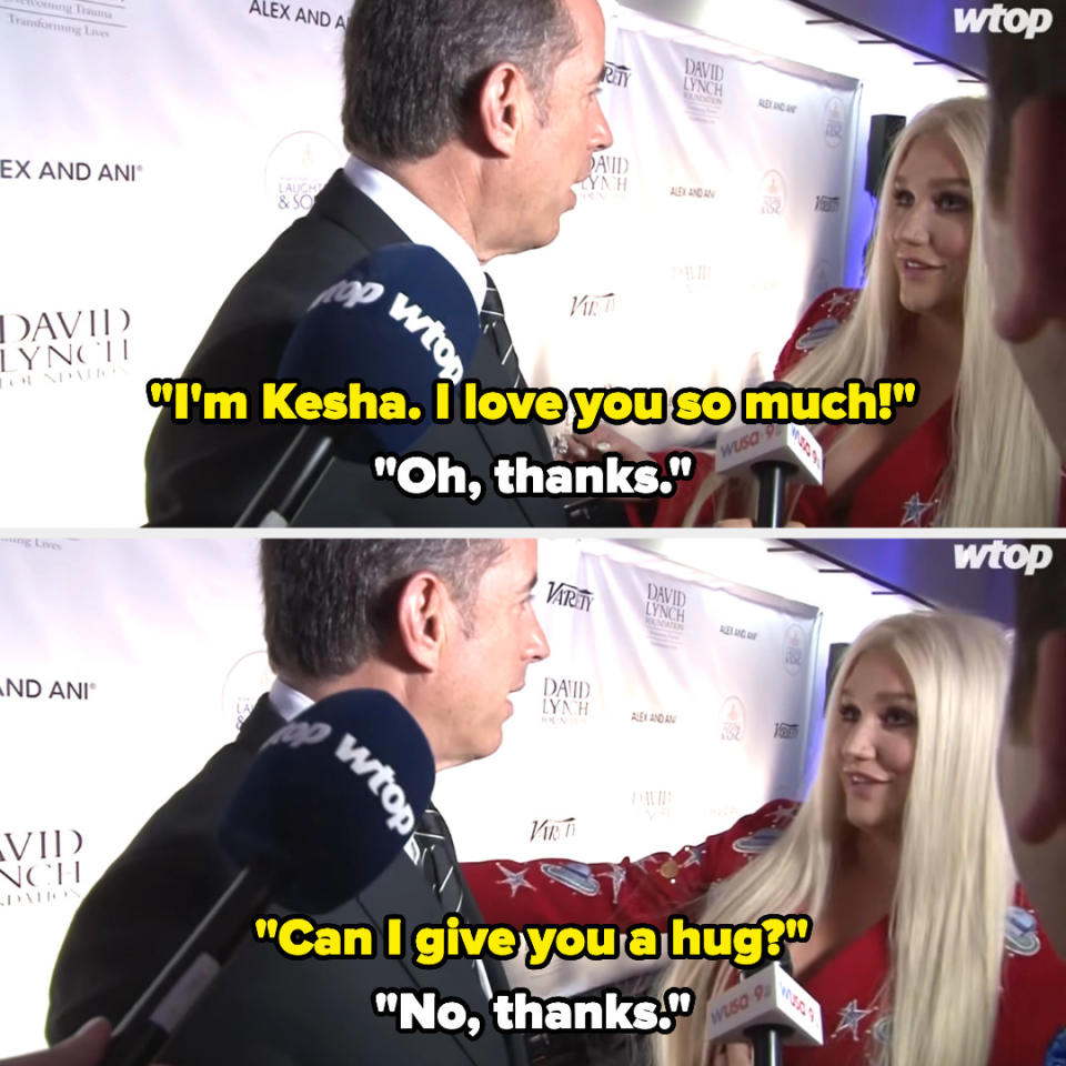 Kesha introducing herself to Seinfeld and asking for a hug and him saying, "No, thanks"