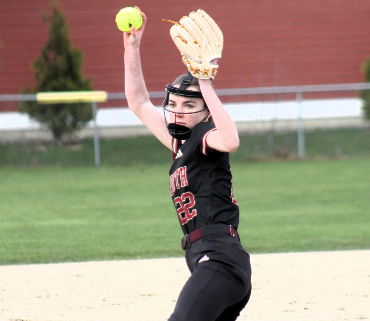 Portsmouth's Sarah Solkolnicki delivers a pitch during Friday's Division I softball game against host Spaulding in Rochester.