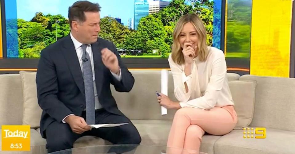 Today's Ally Langdon surprised Karl Stefanovic by making an accidentally X-rated joke while making fun of his shoes and socks. Photo: Nine