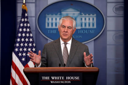 FILE PHOTO: U.S. Secretary of State Rex Tillerson answers questions during the daily briefing at the White House in Washington, DC, U.S. on November 20, 2017. REUTERS/Carlos Barria/File Photo