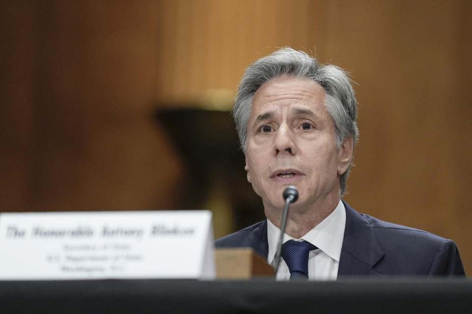 Secretary of State Antony Blinken speaks during a Senate Foreign Relations hearing to examine the President's proposed budget request for fiscal year 2025 for the Department of State, on Capitol Hill, Tuesday, May 21, 2024, in Washington. (AP Photo/Mariam Zuhaib)