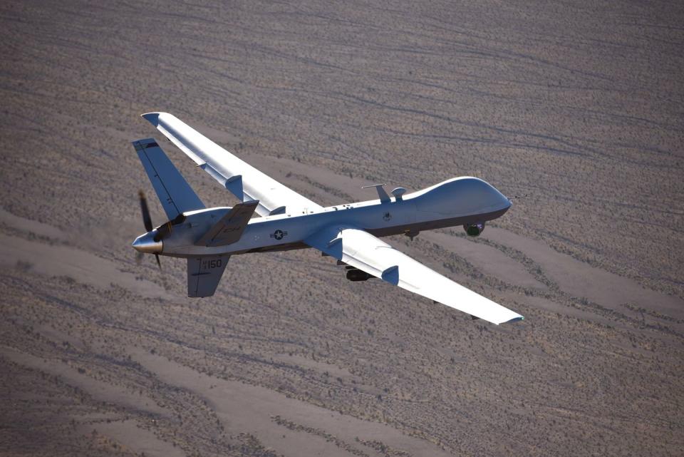 an mq 9 reaper flies a training mission over the nevada test and training range, july 15, 2019 mq 9 aircrew provide dominant, persistent attack and reconnaissance for comabtant commanders and coalition partners across the globe us air force photo by airman 1st class william rio rosado