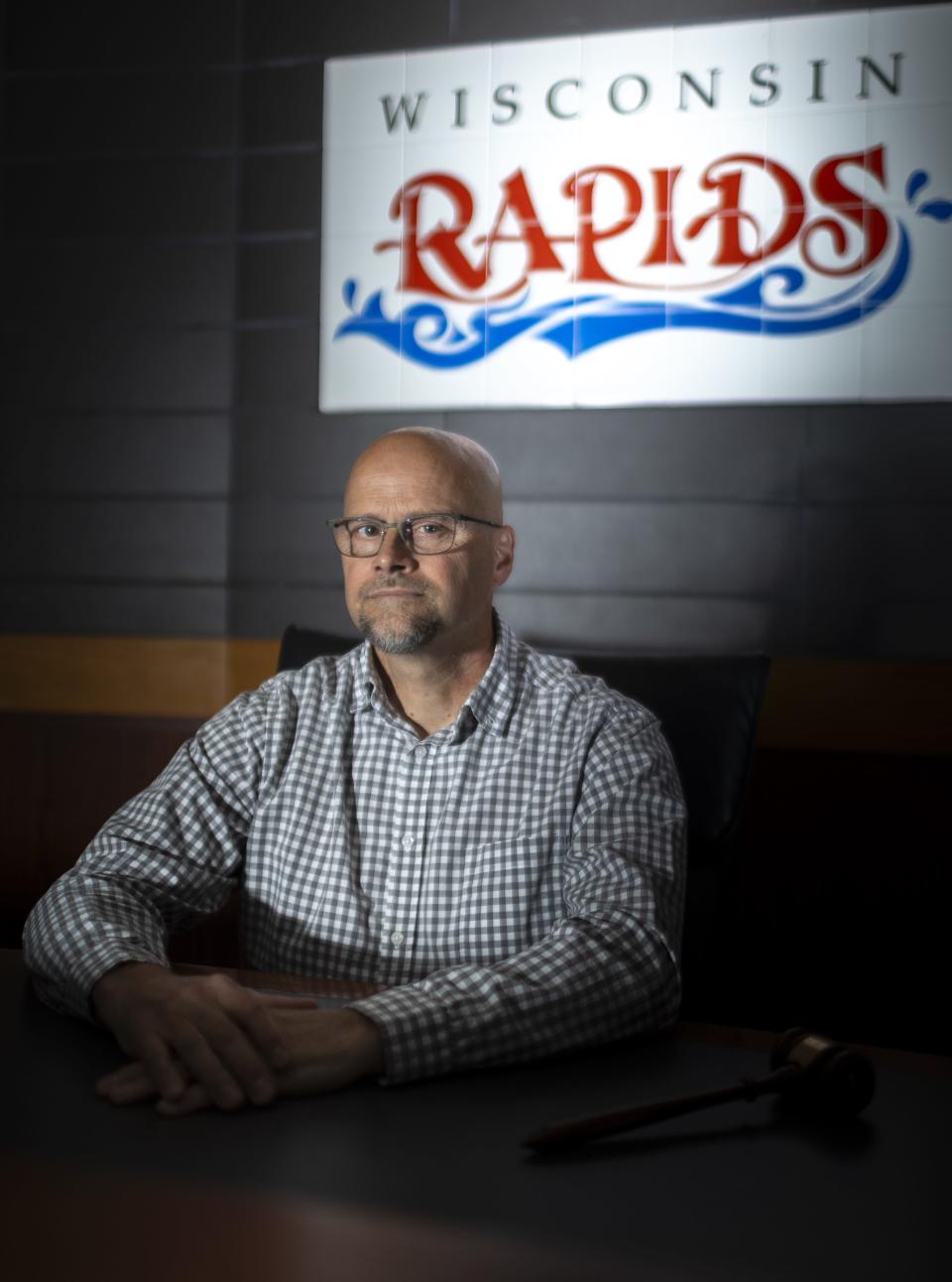 Wisconsin Rapids Mayor Matt Zacher sits in his place in the Council Chambers at City Hall on May 15.