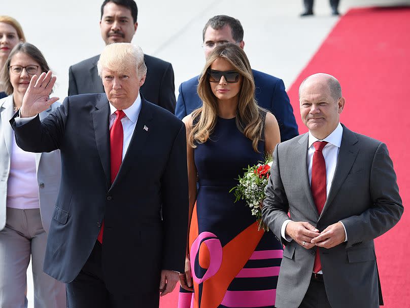 Olaf Scholz trifft Donald und Melania Trump auf dem G20-Gipfel in Hamburg, 2017.