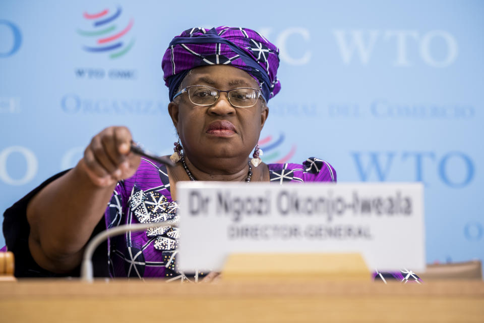 Nigeria's Ngozi Okonjo-Iweala, Director General of the World Trade Organisation, WTO, speaks to the media about WTO revised trade forecast during a press conference, at the headquarters of the World Trade Organization in Geneva, Switzerland, Wednesday, Oct. 5, 2022. (Martial Trezzini/Keystone via AP)