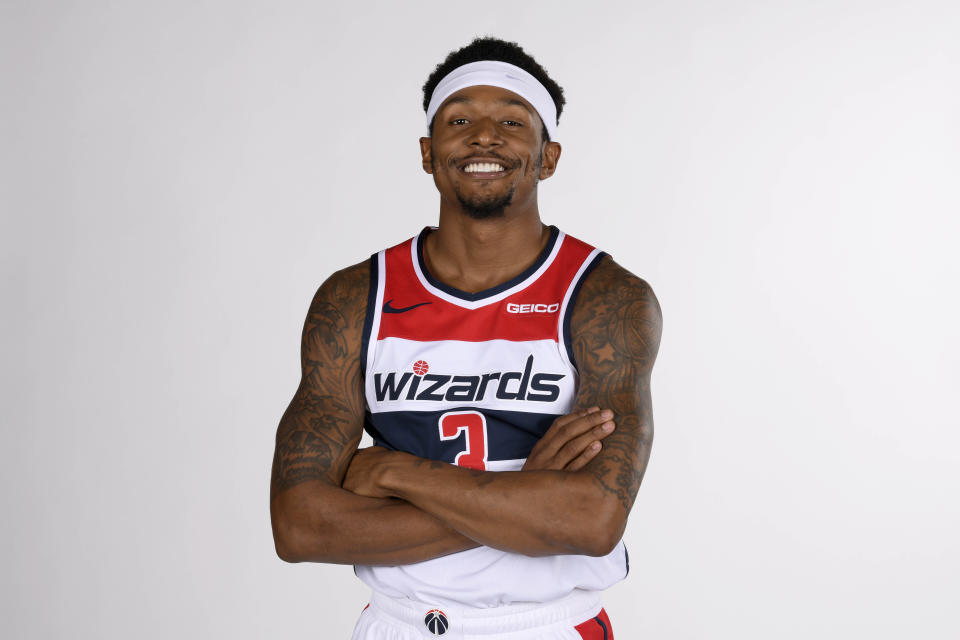 Washington Wizards' Bradley Beal poses for a portrait during an NBA basketball media day, Monday, Sept. 30, 2019, in Washington. (AP Photo/Nick Wass)