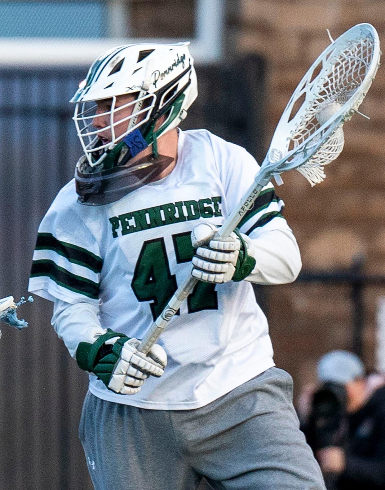 Pennridge's goalie Tyler Vandermark (47) against Neshaminy during their boys' lacrosse game in Perkasie on Thursday, April 4, 2024.