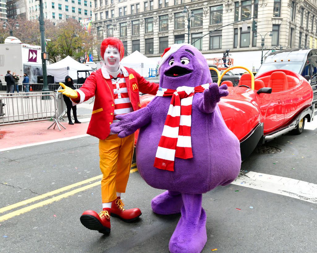 Ronald McDonald and Grimace appear in the 94th Annual Macy's Thanksgiving Day Parade¨ on November 24, 2020 in New York City.