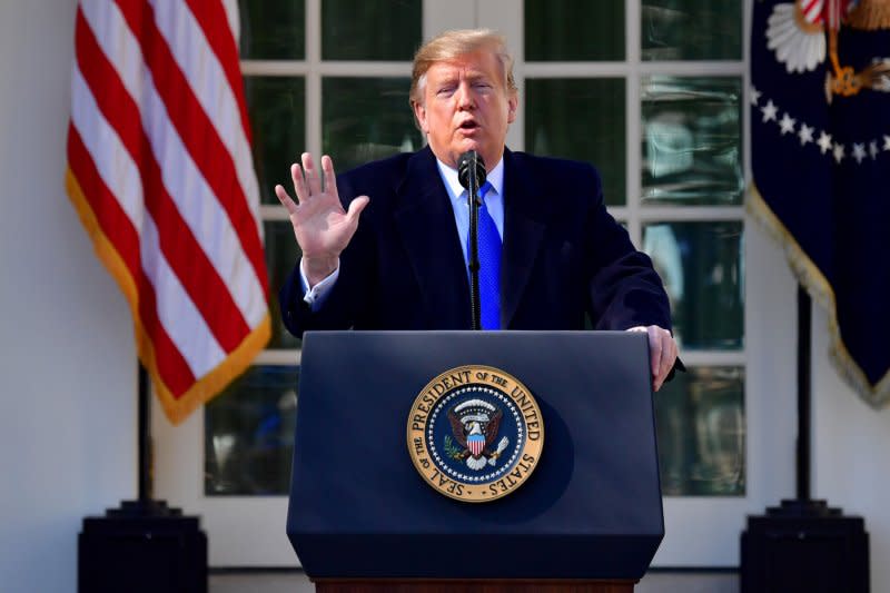 President Donald Trump speaks on border security and government funding at the White House February 15, 2019, in Washington, D,C. Trump declared a national emergency due to what he said was an unsecured southern border in order to allocate federal funds to build a border wall. File Photo by Kevin Dietsch/UPI
