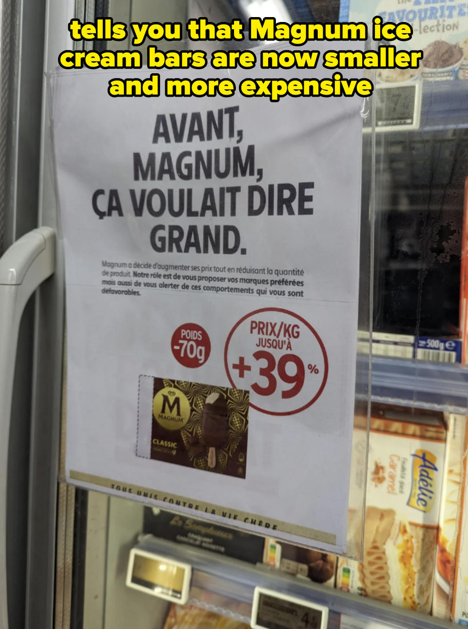 Advertisement for Magnum Classic ice cream showing increased product size with "+39%" highlighted, next to a freezer