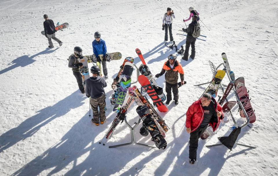 Skiers and snowboarders get ready to hit the slopes at China Peak Mountain Resort on Tuesday, Dec. 18, 2018.