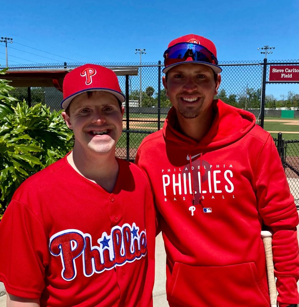 Jersey Shore BlueClaws manager Greg Brodzinski (right) and his brother, Pete, who has Down syndrome, at Philadelphia Phillies spring training in Clearwater, Florida earlier this year.
