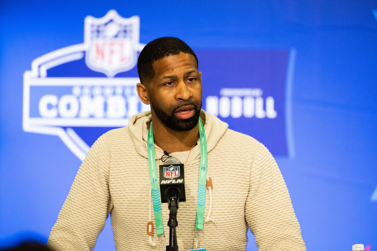 Feb 27, 2024; Indianapolis, IN, USA; Cleveland Browns Executive Vice President of Football Operations and General Manager Andrew Berry talks to the media at the 2024 NFL Combine at Indiana Convention Center. Mandatory Credit: Trevor Ruszkowski-USA TODAY Sports